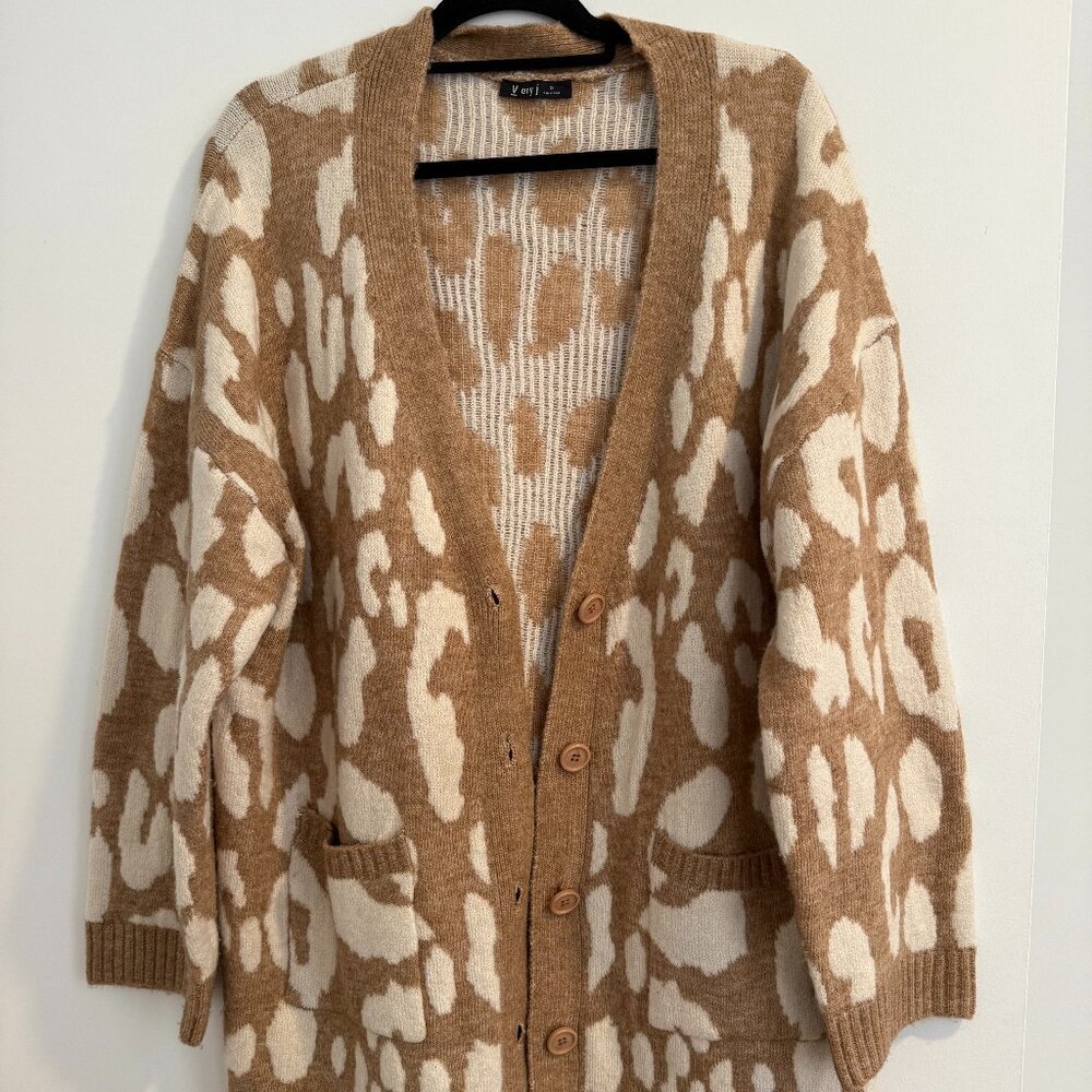 Very J Leopard Print Cardigan Cozy Statement Knit
